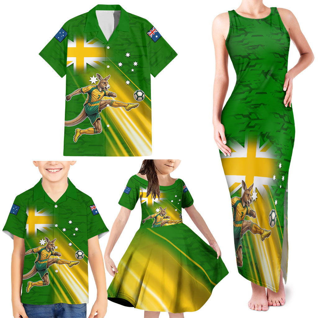 Personalized Australia Soccer Kangaroo Family Matching Tank Maxi Dress and Hawaiian Shirt Dynamic Kick with Australian Flag Green Gold Sports Graphic
