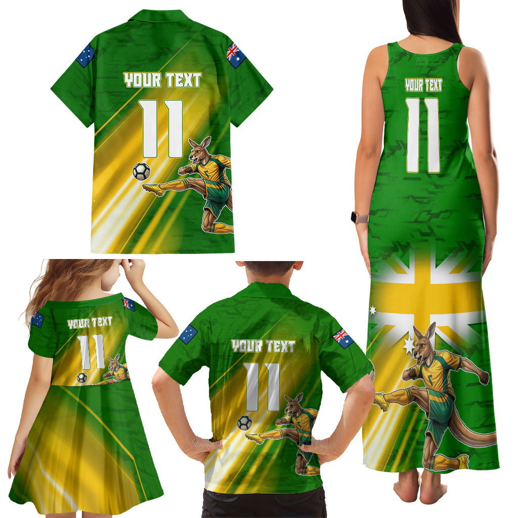 Personalized Australia Soccer Kangaroo Family Matching Tank Maxi Dress and Hawaiian Shirt Dynamic Kick with Australian Flag Green Gold Sports Graphic