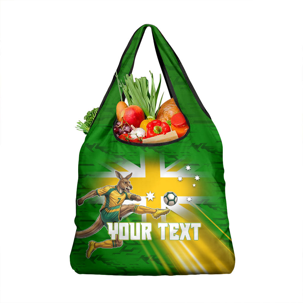 Personalized Australia Soccer Kangaroo Grocery Bag Dynamic Kick with Australian Flag Green Gold Sports Graphic