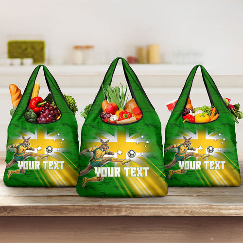 Personalized Australia Soccer Kangaroo Grocery Bag Dynamic Kick with Australian Flag Green Gold Sports Graphic