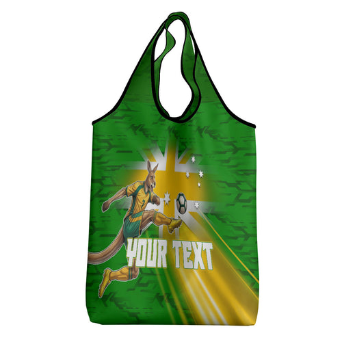 Personalized Australia Soccer Kangaroo Grocery Bag Dynamic Kick with Australian Flag Green Gold Sports Graphic