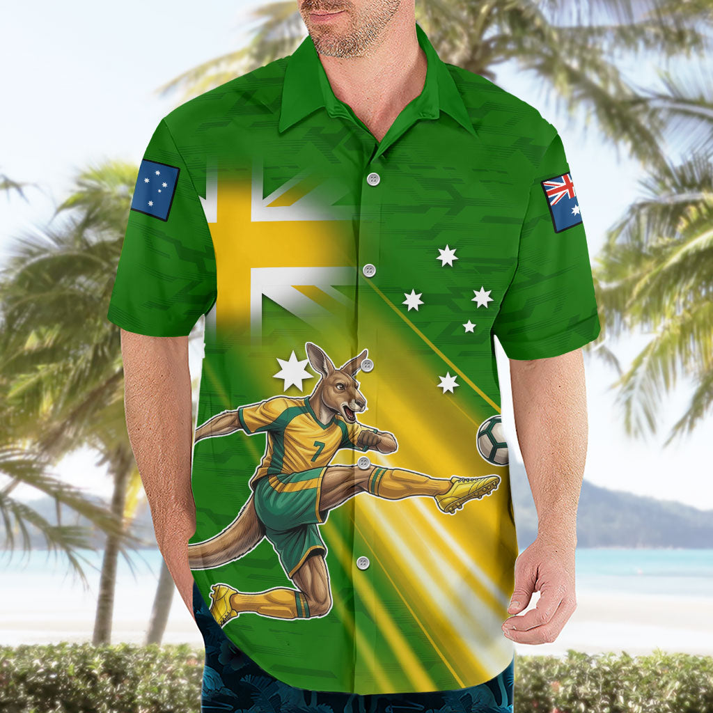 Personalized Australia Soccer Kangaroo Hawaiian Shirt Dynamic Kick with Australian Flag Green Gold Sports Graphic