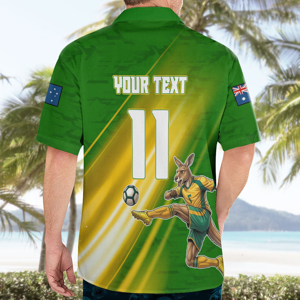 Personalized Australia Soccer Kangaroo Hawaiian Shirt Dynamic Kick with Australian Flag Green Gold Sports Graphic