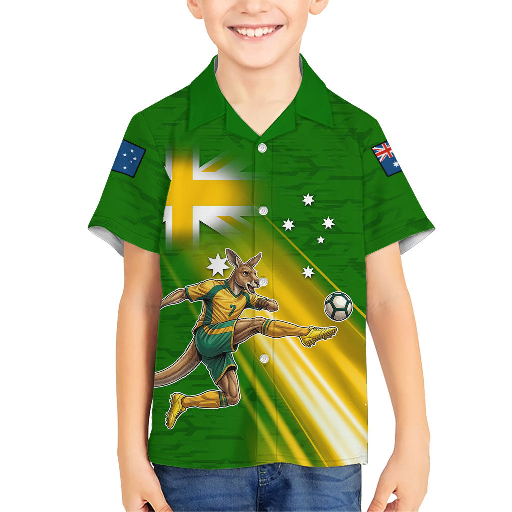 Personalized Australia Soccer Kangaroo Hawaiian Shirt Dynamic Kick with Australian Flag Green Gold Sports Graphic