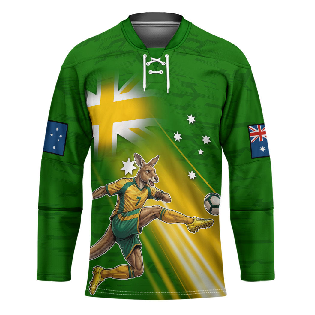 Personalized Australia Soccer Kangaroo Hockey Jersey Dynamic Kick with Australian Flag Green Gold Sports Graphic