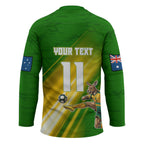 Personalized Australia Soccer Kangaroo Hockey Jersey Dynamic Kick with Australian Flag Green Gold Sports Graphic
