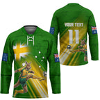 Personalized Australia Soccer Kangaroo Hockey Jersey Dynamic Kick with Australian Flag Green Gold Sports Graphic