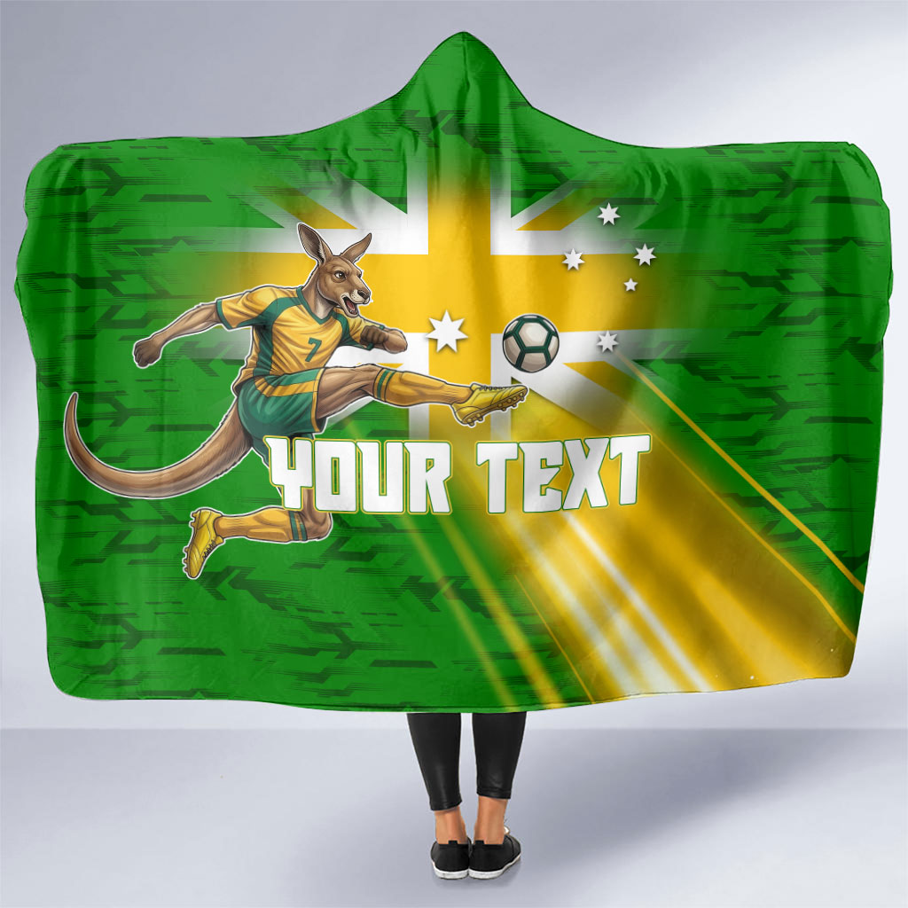 Personalized Australia Soccer Kangaroo Hooded Blanket Dynamic Kick with Australian Flag Green Gold Sports Graphic
