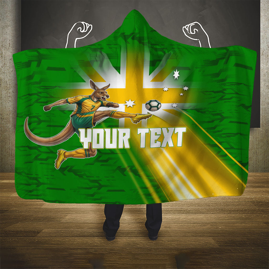 Personalized Australia Soccer Kangaroo Hooded Blanket Dynamic Kick with Australian Flag Green Gold Sports Graphic