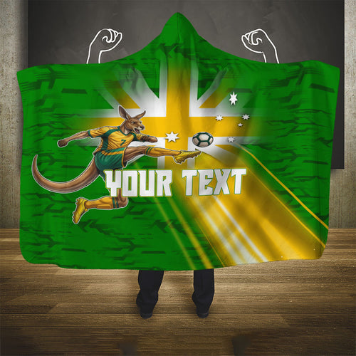 Personalized Australia Soccer Kangaroo Hooded Blanket Dynamic Kick with Australian Flag Green Gold Sports Graphic