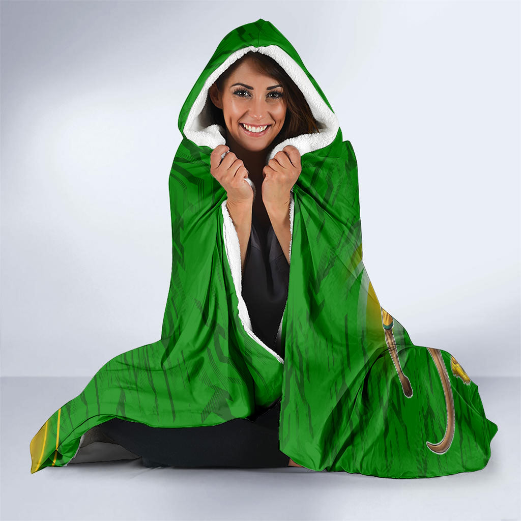 Personalized Australia Soccer Kangaroo Hooded Blanket Dynamic Kick with Australian Flag Green Gold Sports Graphic