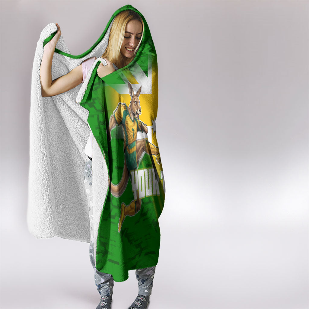 Personalized Australia Soccer Kangaroo Hooded Blanket Dynamic Kick with Australian Flag Green Gold Sports Graphic