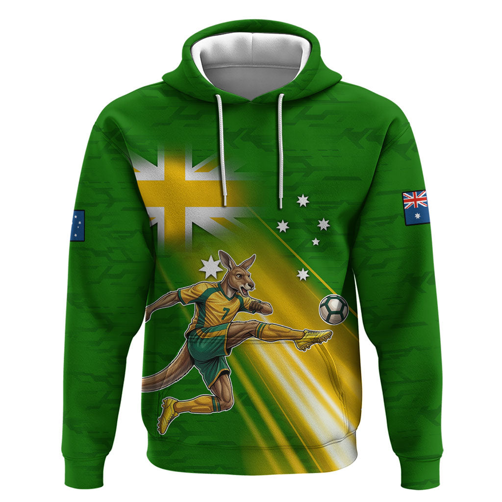 Personalized Australia Soccer Kangaroo Hoodie Dynamic Kick with Australian Flag Green Gold Sports Graphic