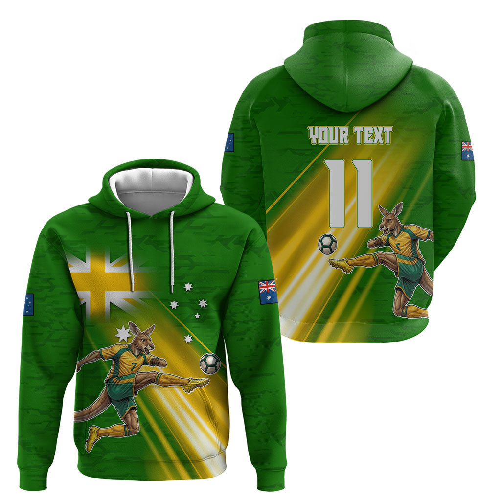 Personalized Australia Soccer Kangaroo Hoodie Dynamic Kick with Australian Flag Green Gold Sports Graphic