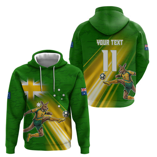 Personalized Australia Soccer Kangaroo Hoodie Dynamic Kick with Australian Flag Green Gold Sports Graphic