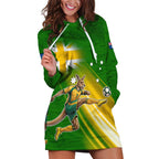 Personalized Australia Soccer Kangaroo Hoodie Dress Dynamic Kick with Australian Flag Green Gold Sports Graphic