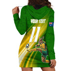 Personalized Australia Soccer Kangaroo Hoodie Dress Dynamic Kick with Australian Flag Green Gold Sports Graphic