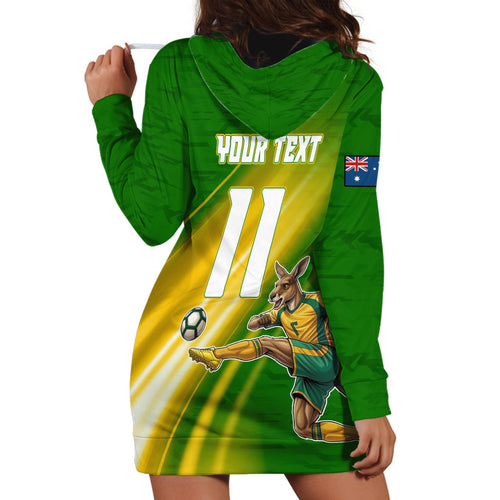 Personalized Australia Soccer Kangaroo Hoodie Dress Dynamic Kick with Australian Flag Green Gold Sports Graphic