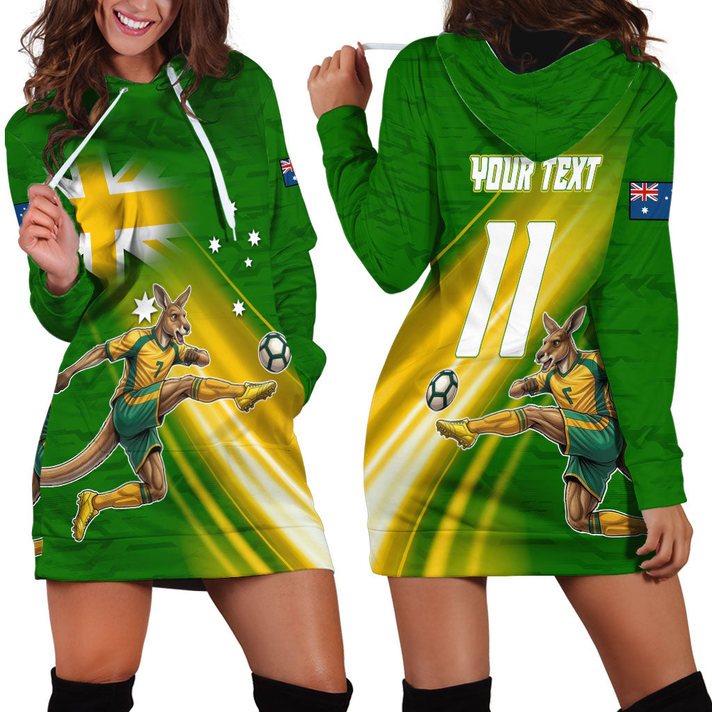 Personalized Australia Soccer Kangaroo Hoodie Dress Dynamic Kick with Australian Flag Green Gold Sports Graphic