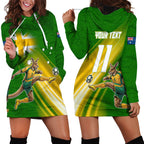 Personalized Australia Soccer Kangaroo Hoodie Dress Dynamic Kick with Australian Flag Green Gold Sports Graphic