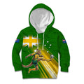Personalized Australia Soccer Kangaroo Kid Hoodie Dynamic Kick with Australian Flag Green Gold Sports Graphic
