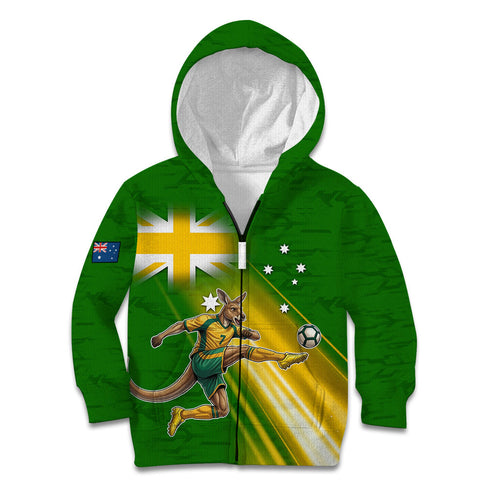 Personalized Australia Soccer Kangaroo Kid Hoodie Dynamic Kick with Australian Flag Green Gold Sports Graphic
