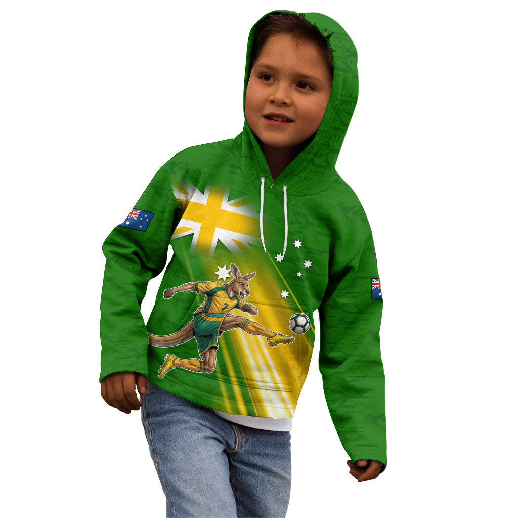 Personalized Australia Soccer Kangaroo Kid Hoodie Dynamic Kick with Australian Flag Green Gold Sports Graphic