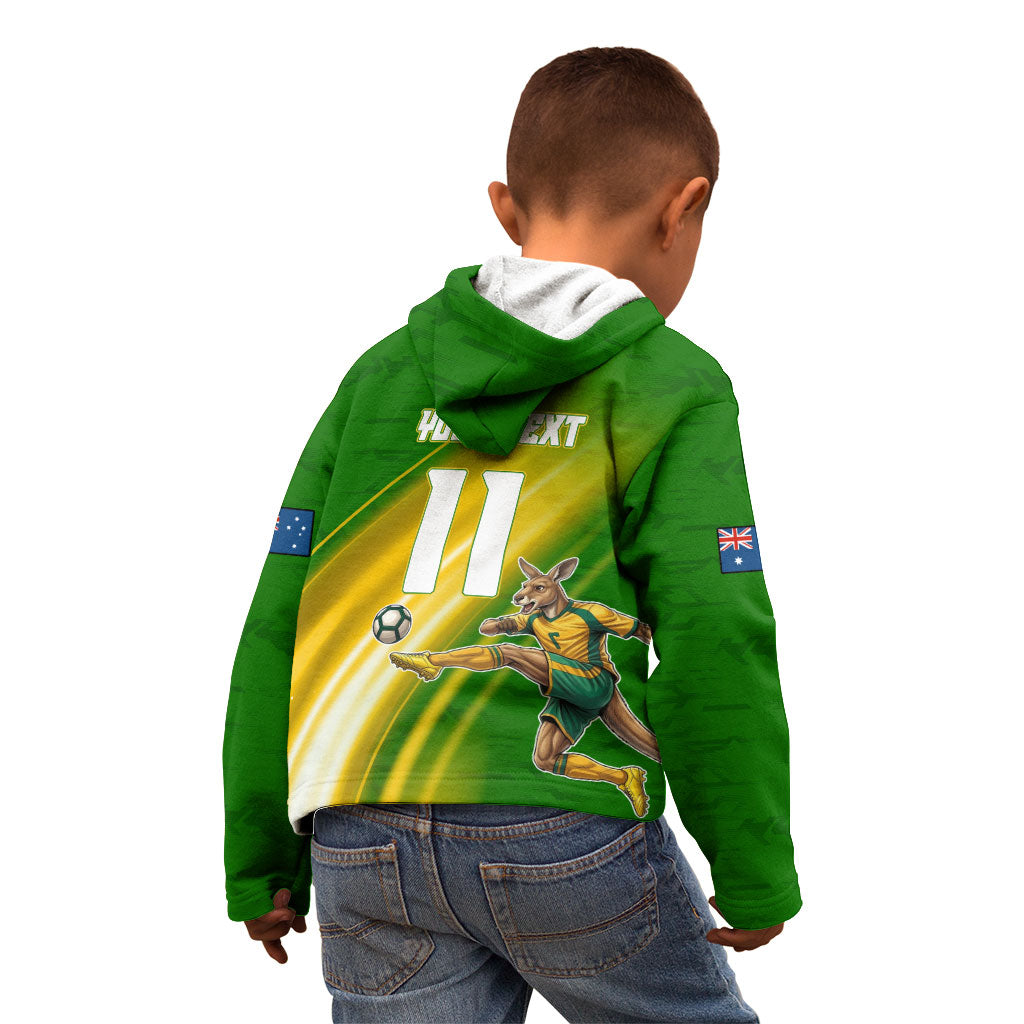 Personalized Australia Soccer Kangaroo Kid Hoodie Dynamic Kick with Australian Flag Green Gold Sports Graphic