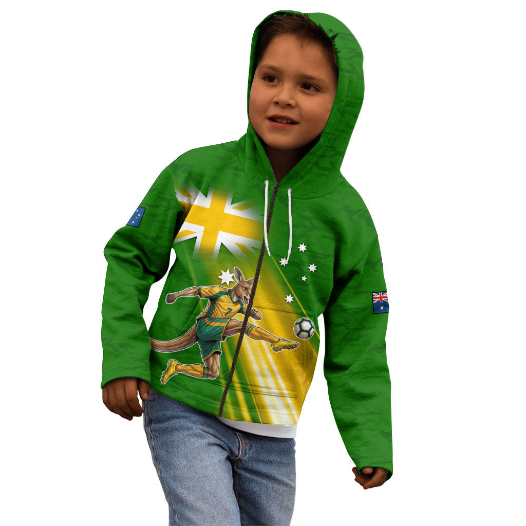 Personalized Australia Soccer Kangaroo Kid Hoodie Dynamic Kick with Australian Flag Green Gold Sports Graphic
