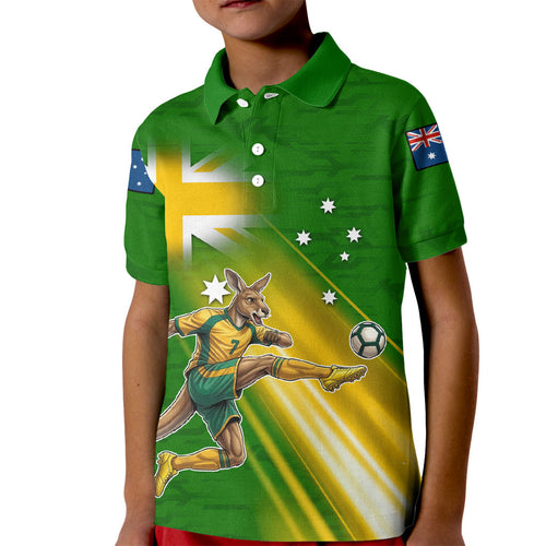 Personalized Australia Soccer Kangaroo Kid Polo Shirt Dynamic Kick with Australian Flag Green Gold Sports Graphic