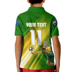 Personalized Australia Soccer Kangaroo Kid Polo Shirt Dynamic Kick with Australian Flag Green Gold Sports Graphic