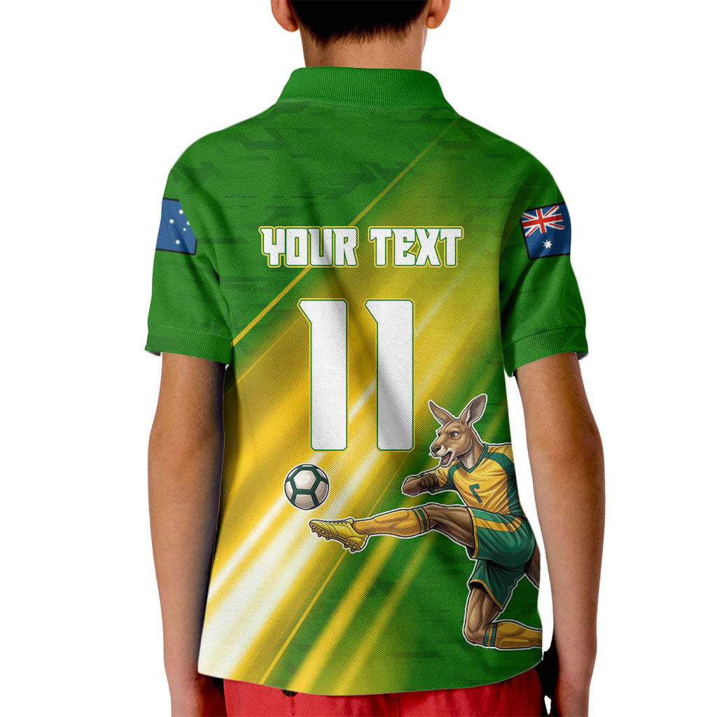 Personalized Australia Soccer Kangaroo Kid Polo Shirt Dynamic Kick with Australian Flag Green Gold Sports Graphic