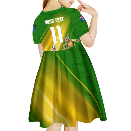 Personalized Australia Soccer Kangaroo Kid Short Sleeve Dress Dynamic Kick with Australian Flag Green Gold Sports Graphic