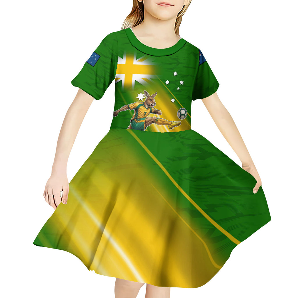 Personalized Australia Soccer Kangaroo Kid Short Sleeve Dress Dynamic Kick with Australian Flag Green Gold Sports Graphic