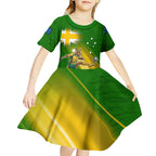 Personalized Australia Soccer Kangaroo Kid Short Sleeve Dress Dynamic Kick with Australian Flag Green Gold Sports Graphic