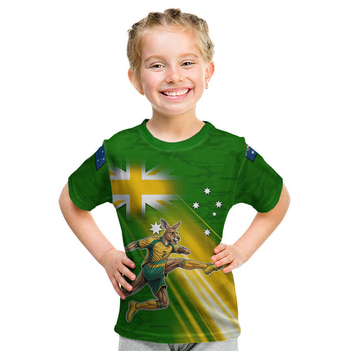 Personalized Australia Soccer Kangaroo Kid T Shirt Dynamic Kick with Australian Flag Green Gold Sports Graphic