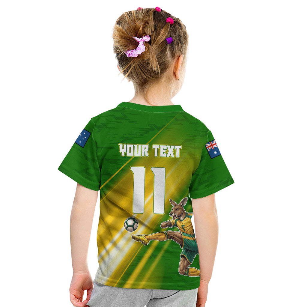 Personalized Australia Soccer Kangaroo Kid T Shirt Dynamic Kick with Australian Flag Green Gold Sports Graphic