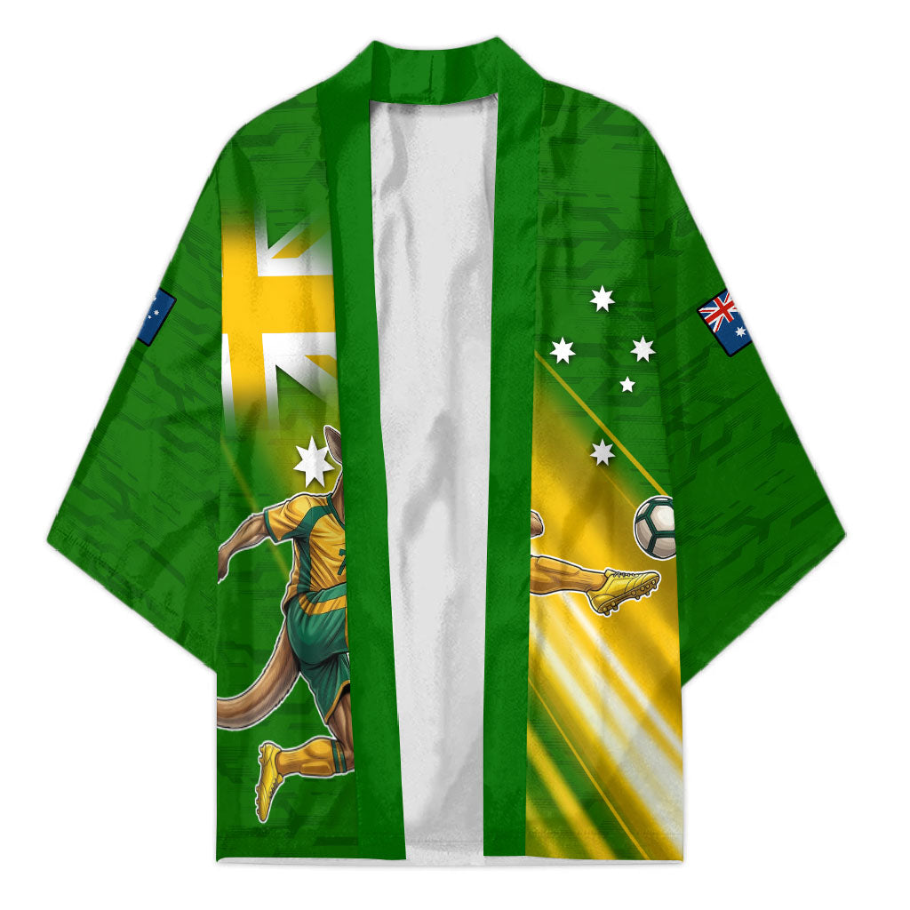 Personalized Australia Soccer Kangaroo Kimono Dynamic Kick with Australian Flag Green Gold Sports Graphic
