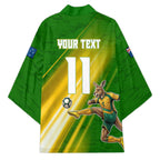 Personalized Australia Soccer Kangaroo Kimono Dynamic Kick with Australian Flag Green Gold Sports Graphic