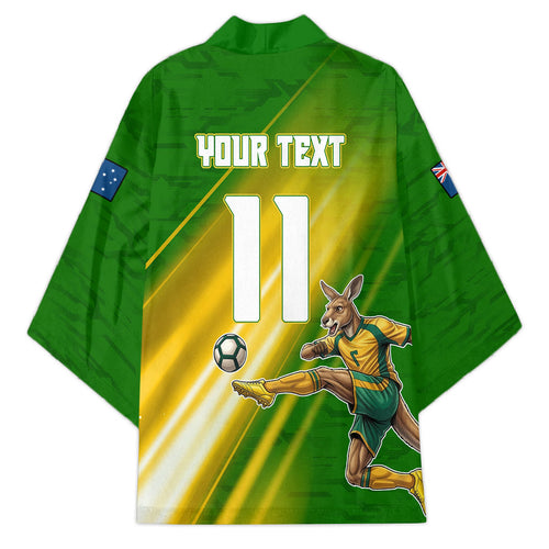 Personalized Australia Soccer Kangaroo Kimono Dynamic Kick with Australian Flag Green Gold Sports Graphic