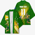 Personalized Australia Soccer Kangaroo Kimono Dynamic Kick with Australian Flag Green Gold Sports Graphic