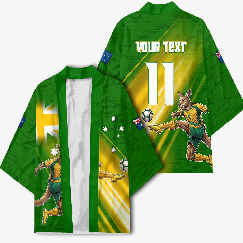 Personalized Australia Soccer Kangaroo Kimono Dynamic Kick with Australian Flag Green Gold Sports Graphic