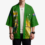 Personalized Australia Soccer Kangaroo Kimono Dynamic Kick with Australian Flag Green Gold Sports Graphic