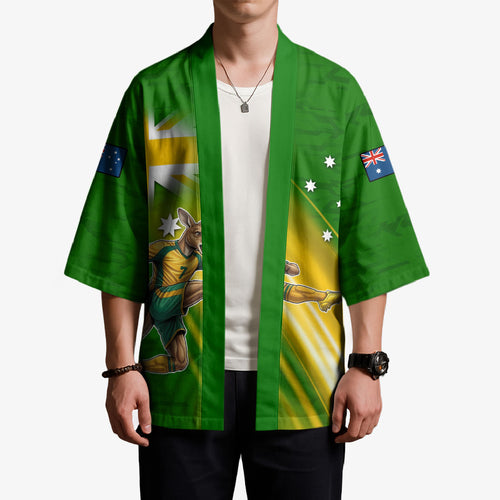 Personalized Australia Soccer Kangaroo Kimono Dynamic Kick with Australian Flag Green Gold Sports Graphic