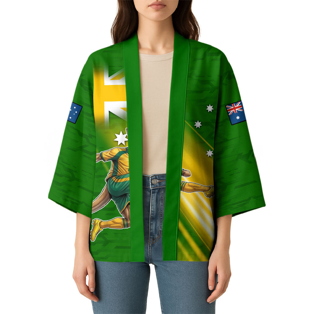 Personalized Australia Soccer Kangaroo Kimono Dynamic Kick with Australian Flag Green Gold Sports Graphic
