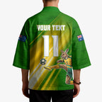 Personalized Australia Soccer Kangaroo Kimono Dynamic Kick with Australian Flag Green Gold Sports Graphic