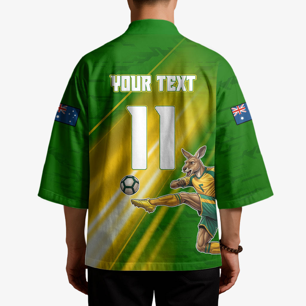 Personalized Australia Soccer Kangaroo Kimono Dynamic Kick with Australian Flag Green Gold Sports Graphic