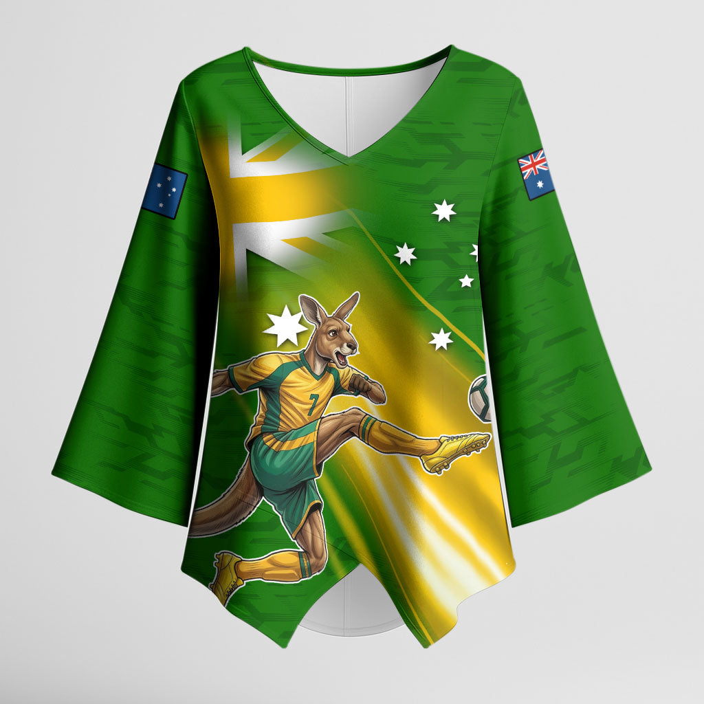 Personalized Australia Soccer Kangaroo Kimono Sleeve Blouse Dynamic Kick with Australian Flag Green Gold Sports Graphic