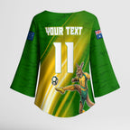 Personalized Australia Soccer Kangaroo Kimono Sleeve Blouse Dynamic Kick with Australian Flag Green Gold Sports Graphic