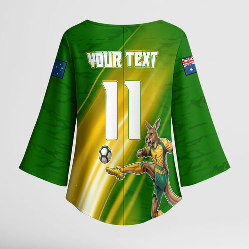 Personalized Australia Soccer Kangaroo Kimono Sleeve Blouse Dynamic Kick with Australian Flag Green Gold Sports Graphic